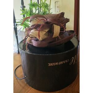 Nwt Elite Champagne Brown And Beige Woven Derby Church Hat W/Feathers And Satin